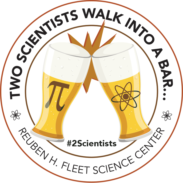 logo for two scientists walk into a bar from the fleet science center. two cups cheersing in the middle