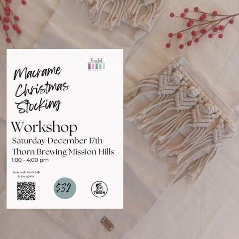 Macrame christmas stocking workshop flyer with images of white macrame stocking in the background