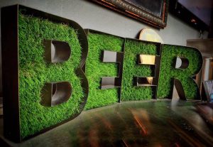 A picture of plant holders that are made in the shape of letters to spell out the word BEER