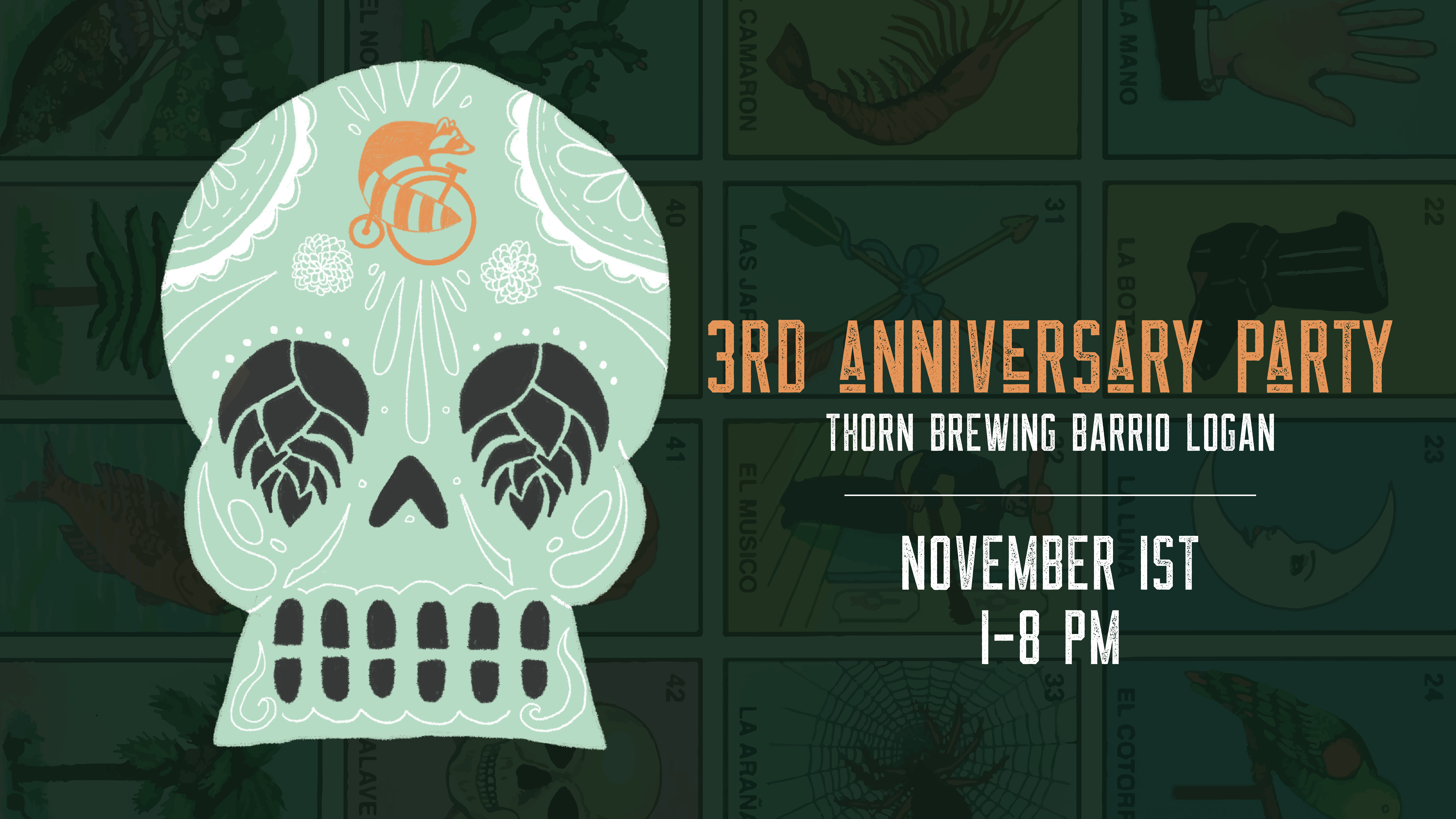 a sugar skull with hops for eyes announcing Thorn anniversary party