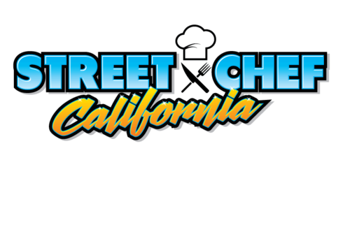 Street Chef of California logo with text in blue and yellow with a chef's hat and utensils