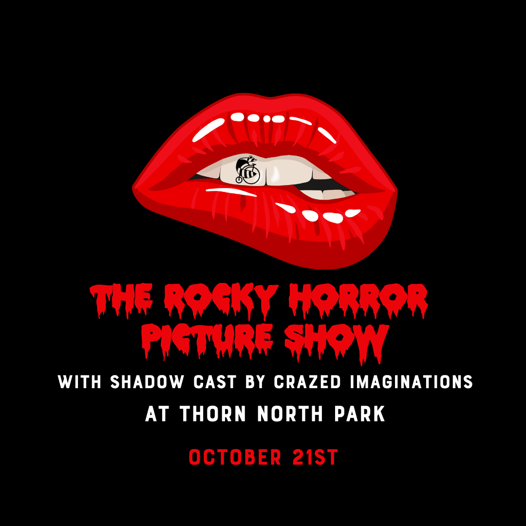 big red lips on a black background announcing the rocky horror pictures show shadow cast performance