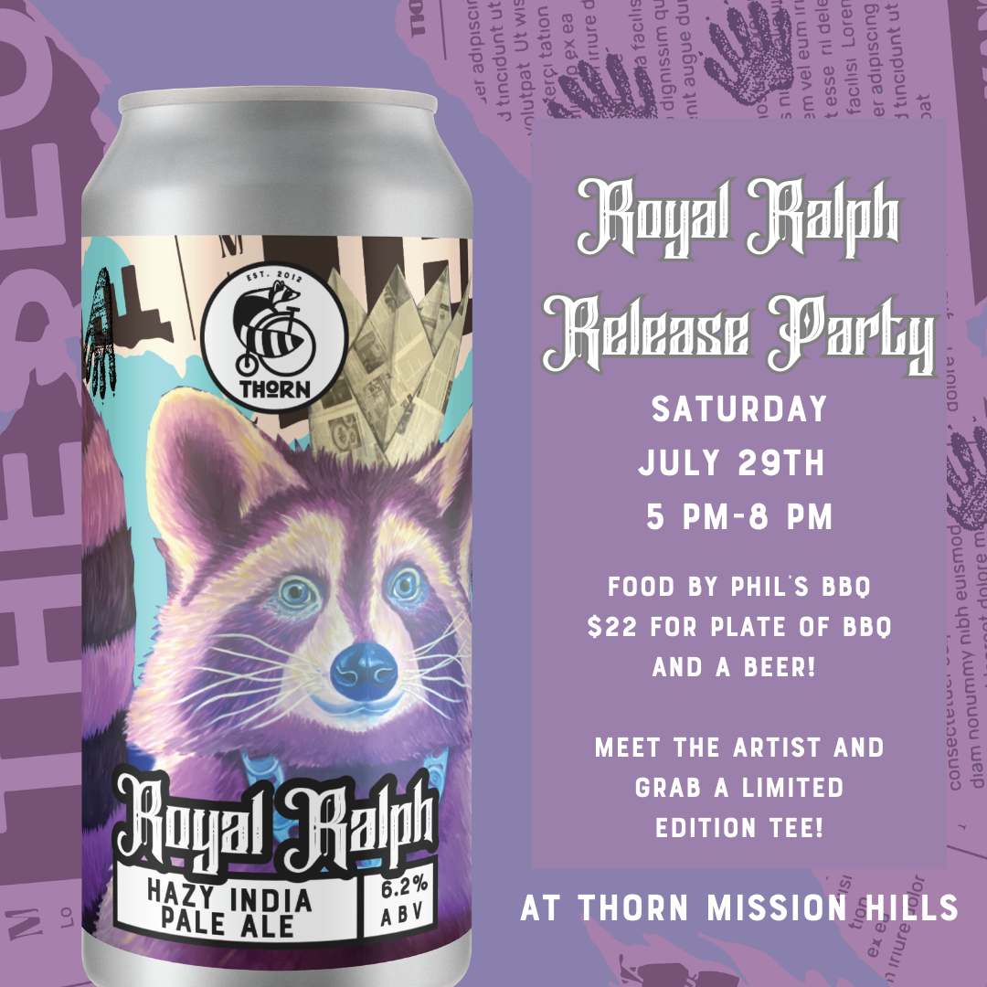 Purple graphic for Royal ralph beer release at Thorn Mission Hills with a picture of the beer can