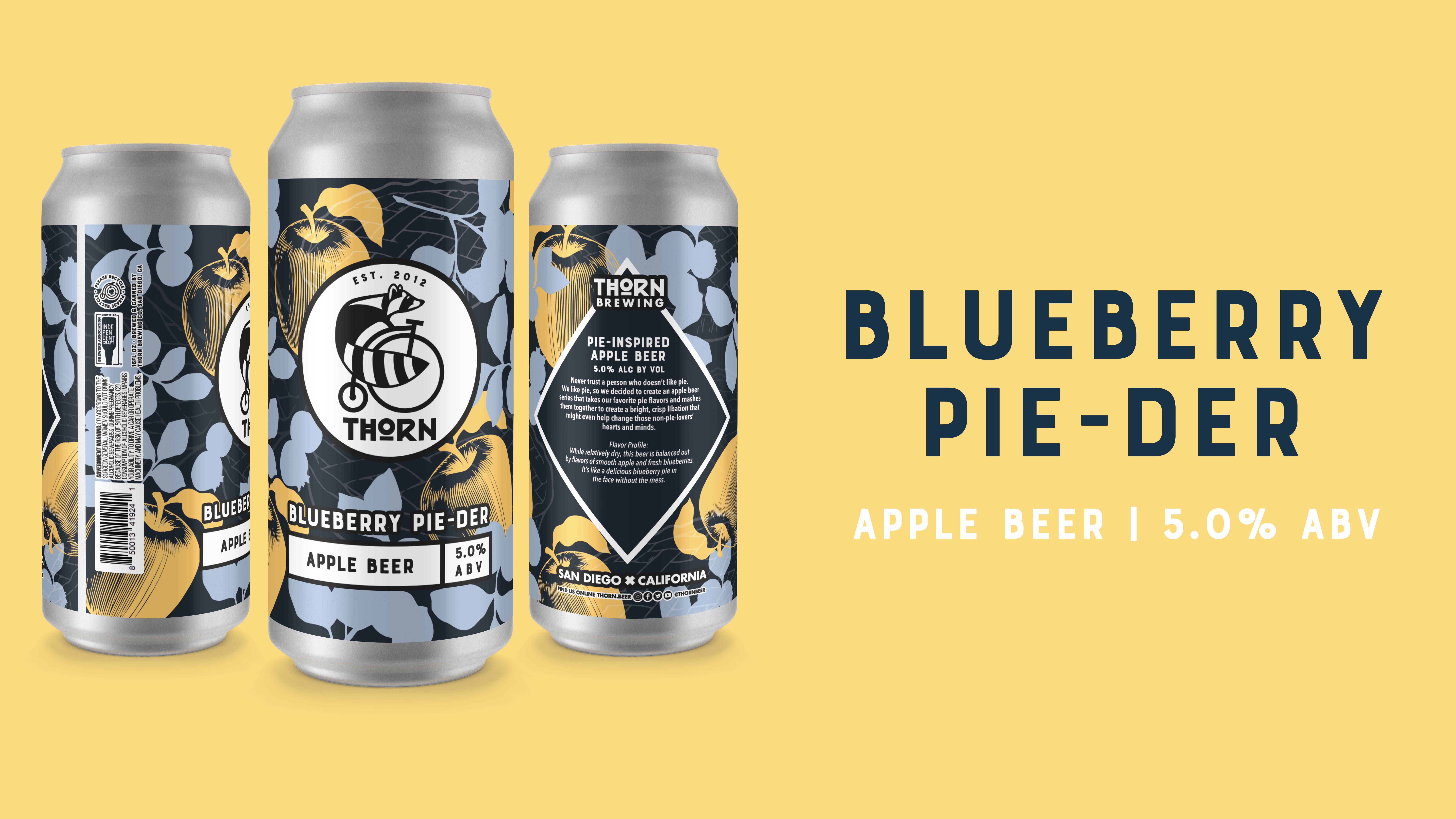three cans of blueberry pie-der apple beer on a yellow background