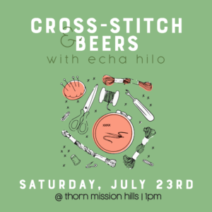cross stitch and beer flyer green background with images of cross stitching on front