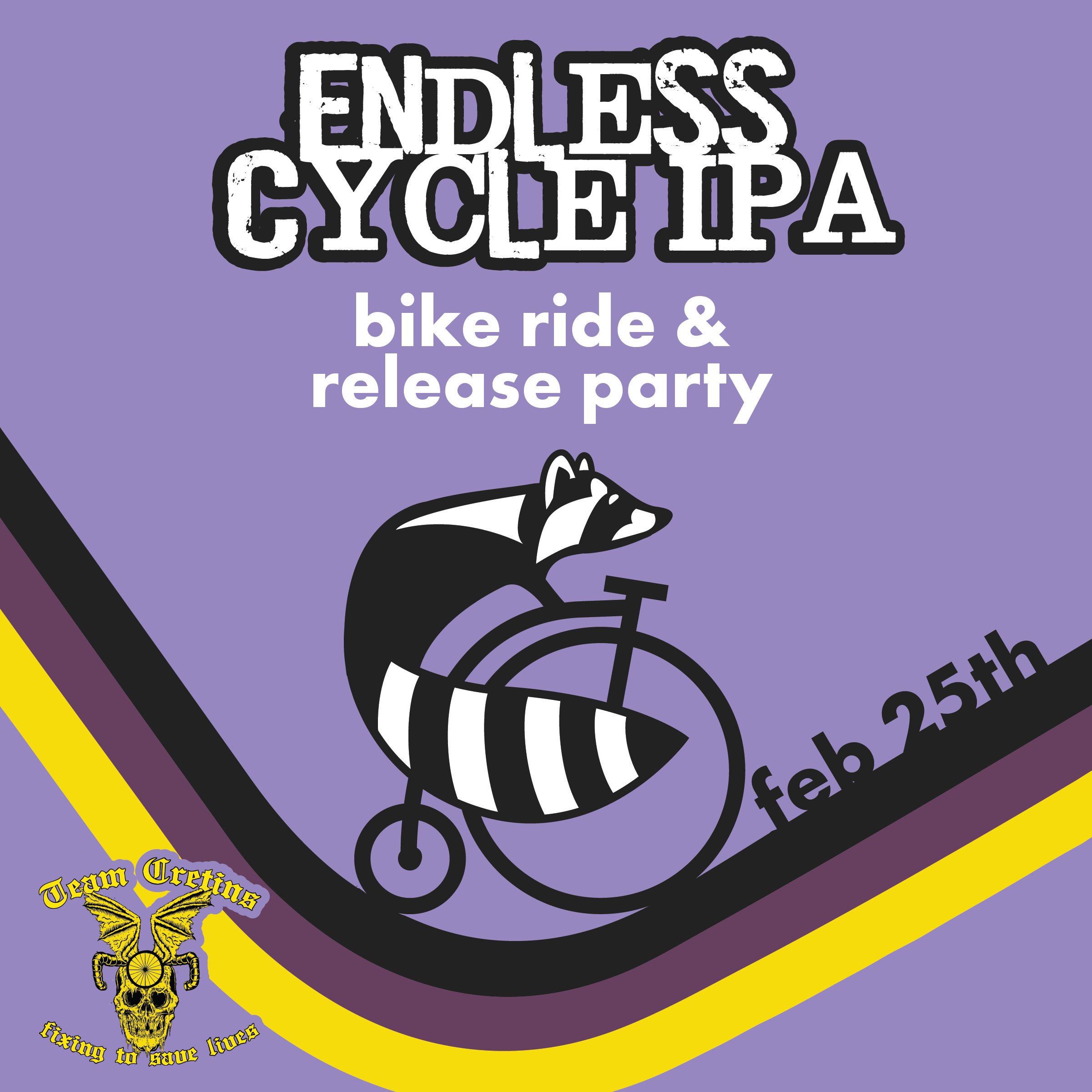 graphic for endless cycle ipa beer release with purple background and raccoon logo on a bike