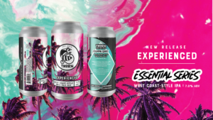 graphic with pinks and blues that show three beer cans with the label experienced ipa for thorn brewing