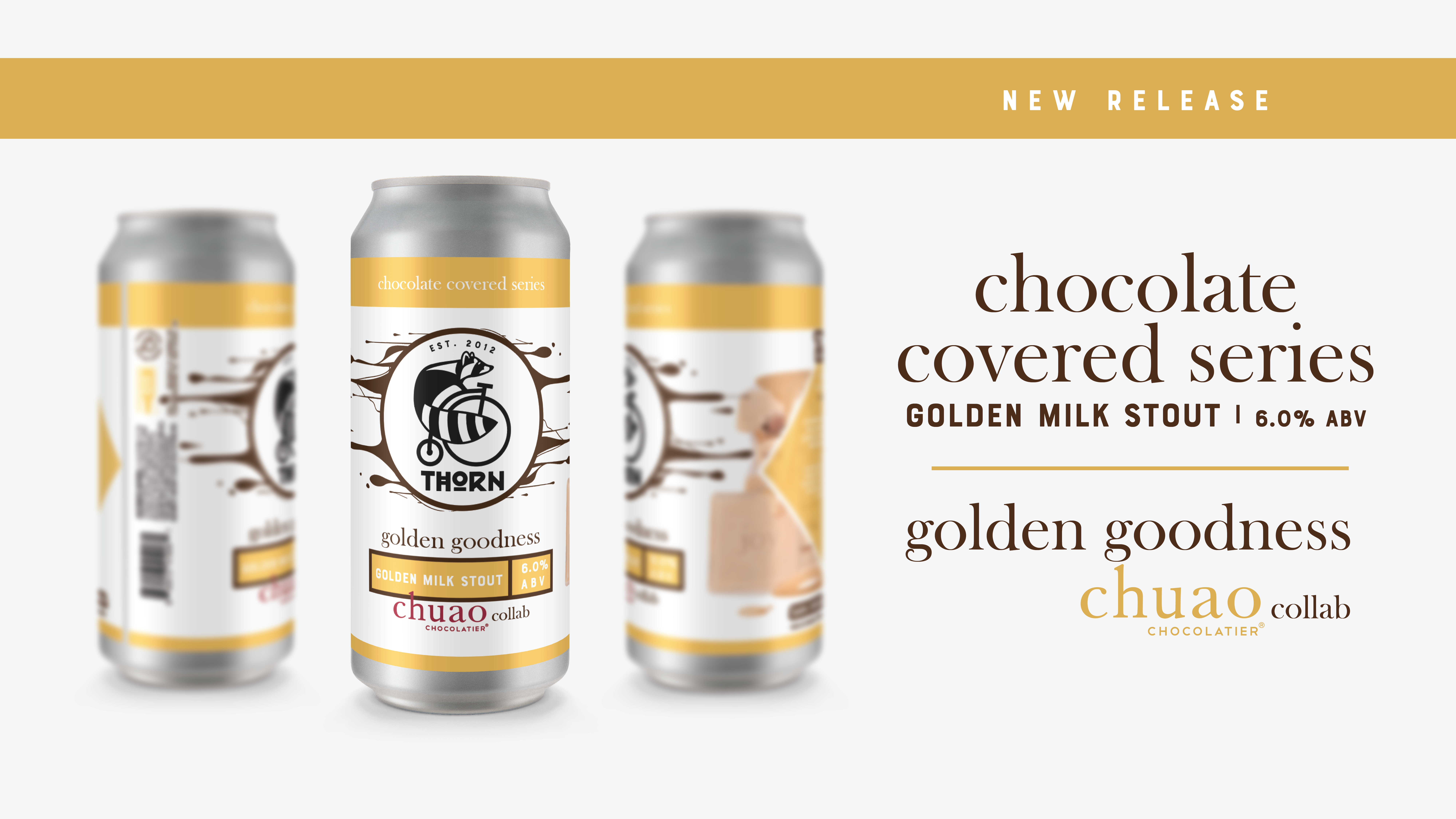 three cans of golden goodness milk stout in a beer graphic