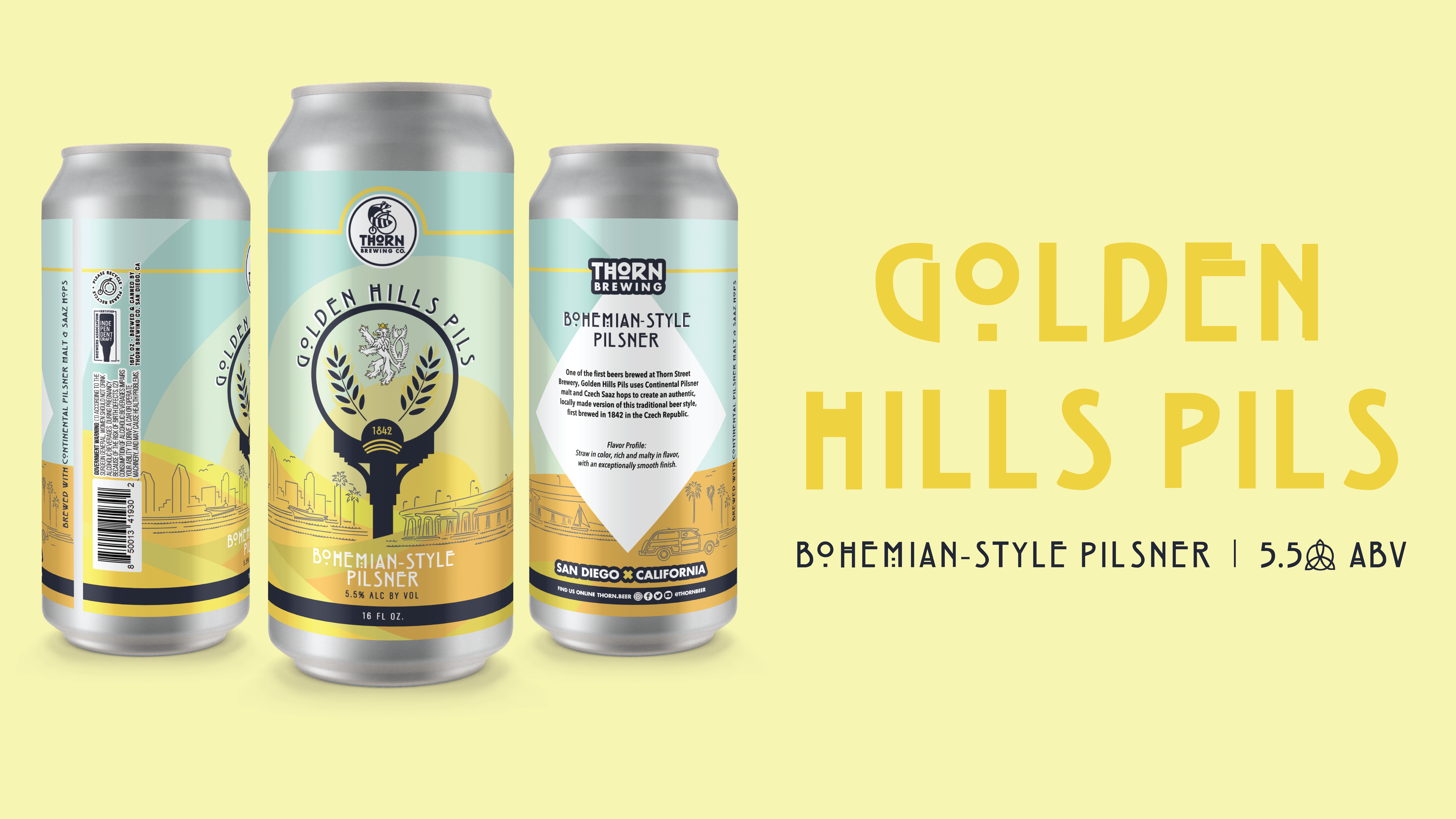 three cans of golden hills pilsner on a yellow background
