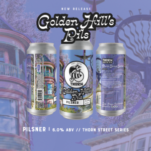 promo poster for golden hill's pils beer release with blue and purple can on a purple background with images of golden hill san diego.