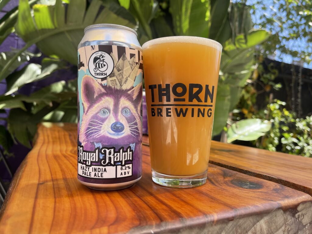 a photo of the beer can next to the beer in the glass a hazy ipa. The beer can is purple with a raccoon on the front in a crown.