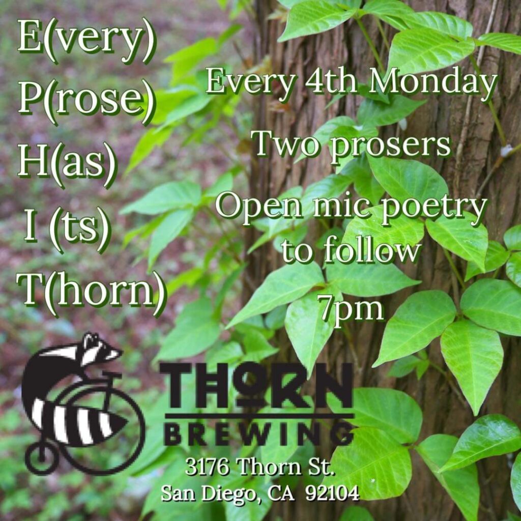 flyer for open poetry night at Thorn NOrth Park showing hop vines, the info for the event and a raccoon logo for Thorn in the corner.
