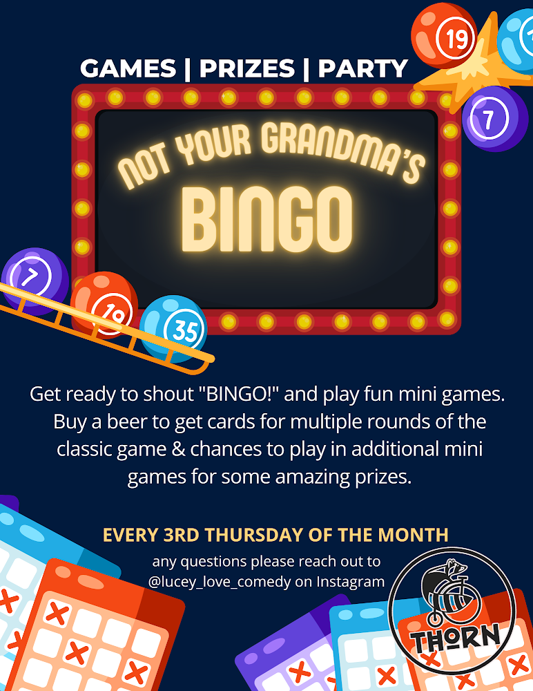 Flyer for Bingo Night at Thorn North Park. In dark blue and with Bingo Balls. Bingo is every 3rd thursday of the month at 6:30 pm