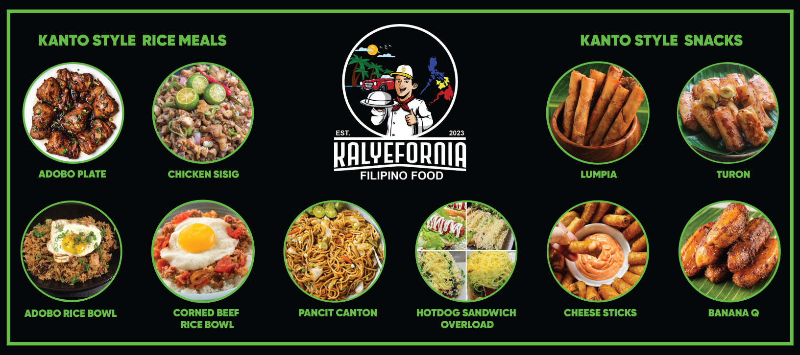 pictures of Filipino dishes to promote a food vendor, Kalyefornia