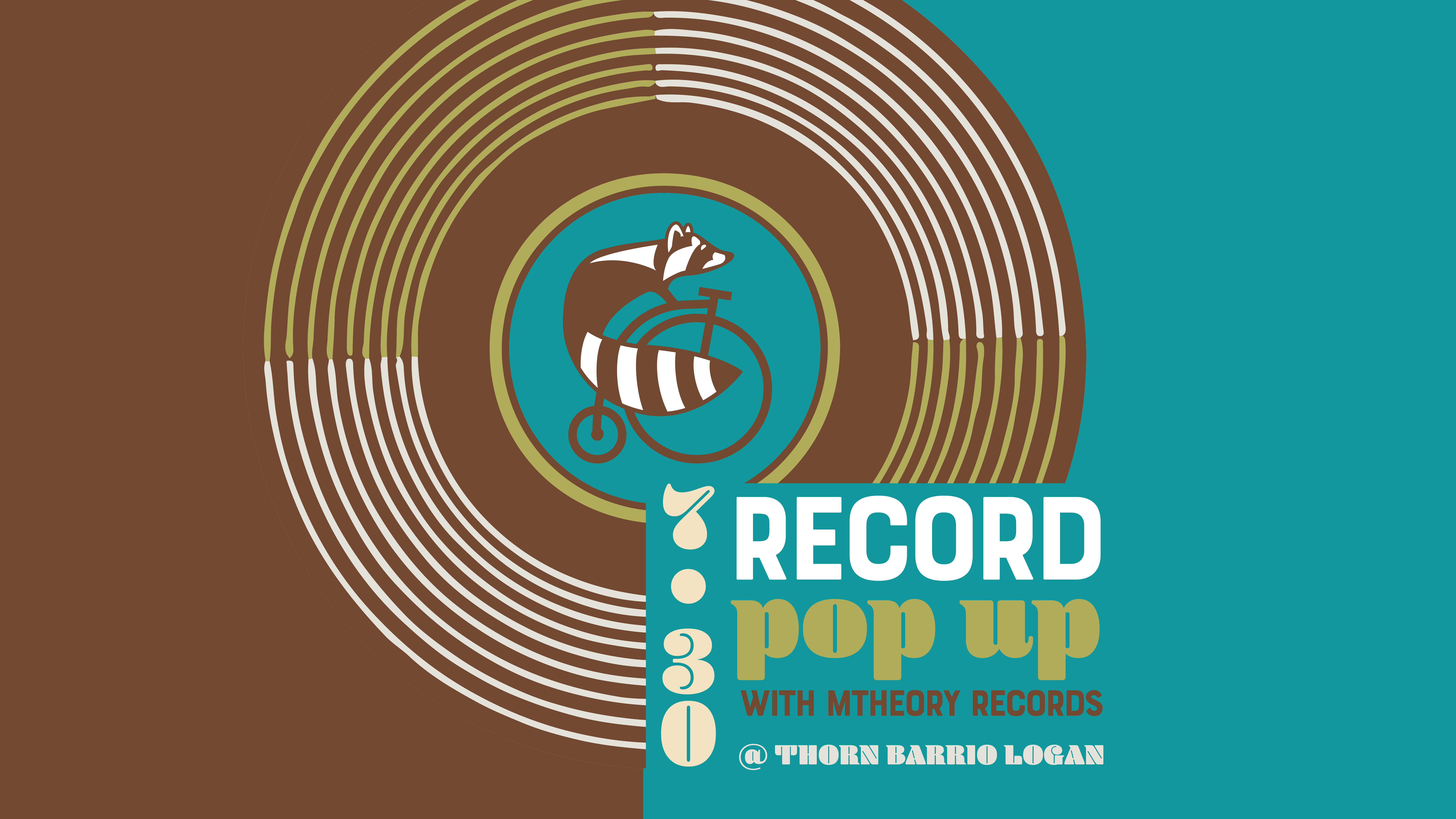 graphic for record pop up at thorn. Brown record on front with the thorn logo in the middle. blue background