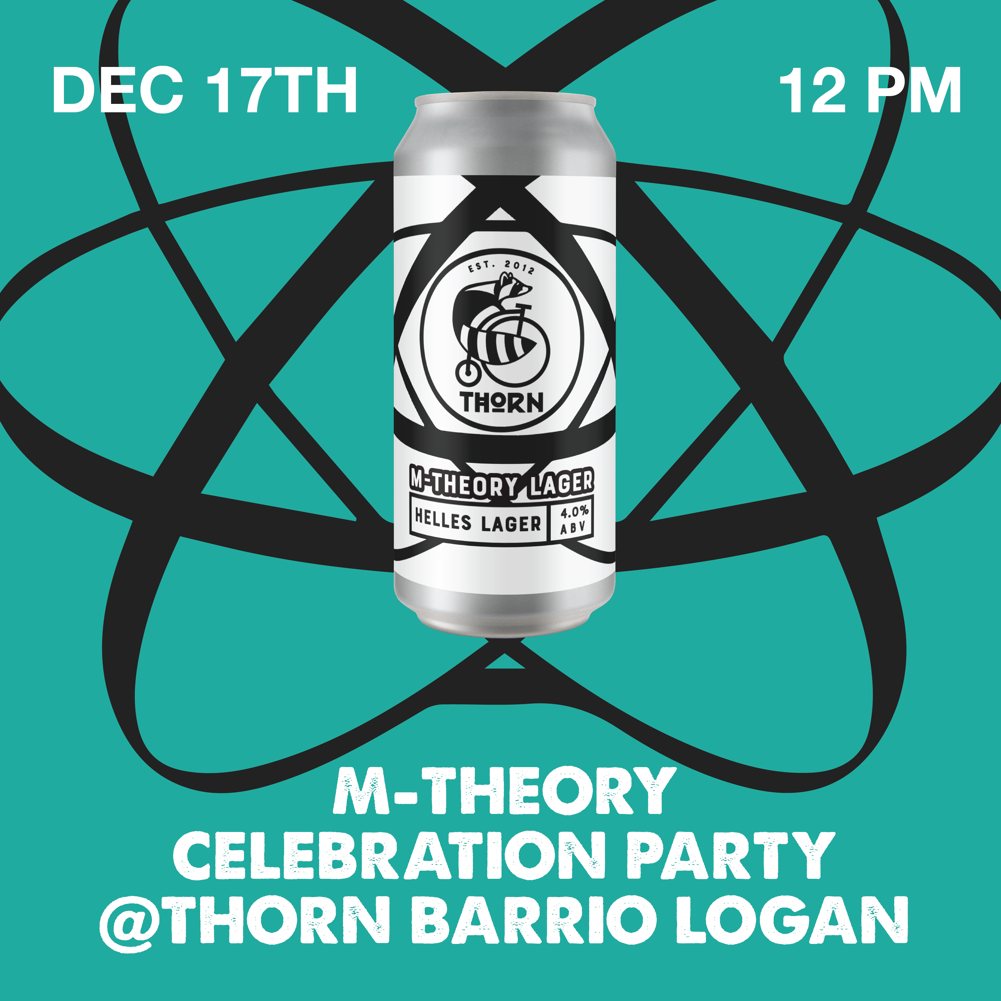 A can of Thorn's M-Theory lager in the center with black and turqoise details