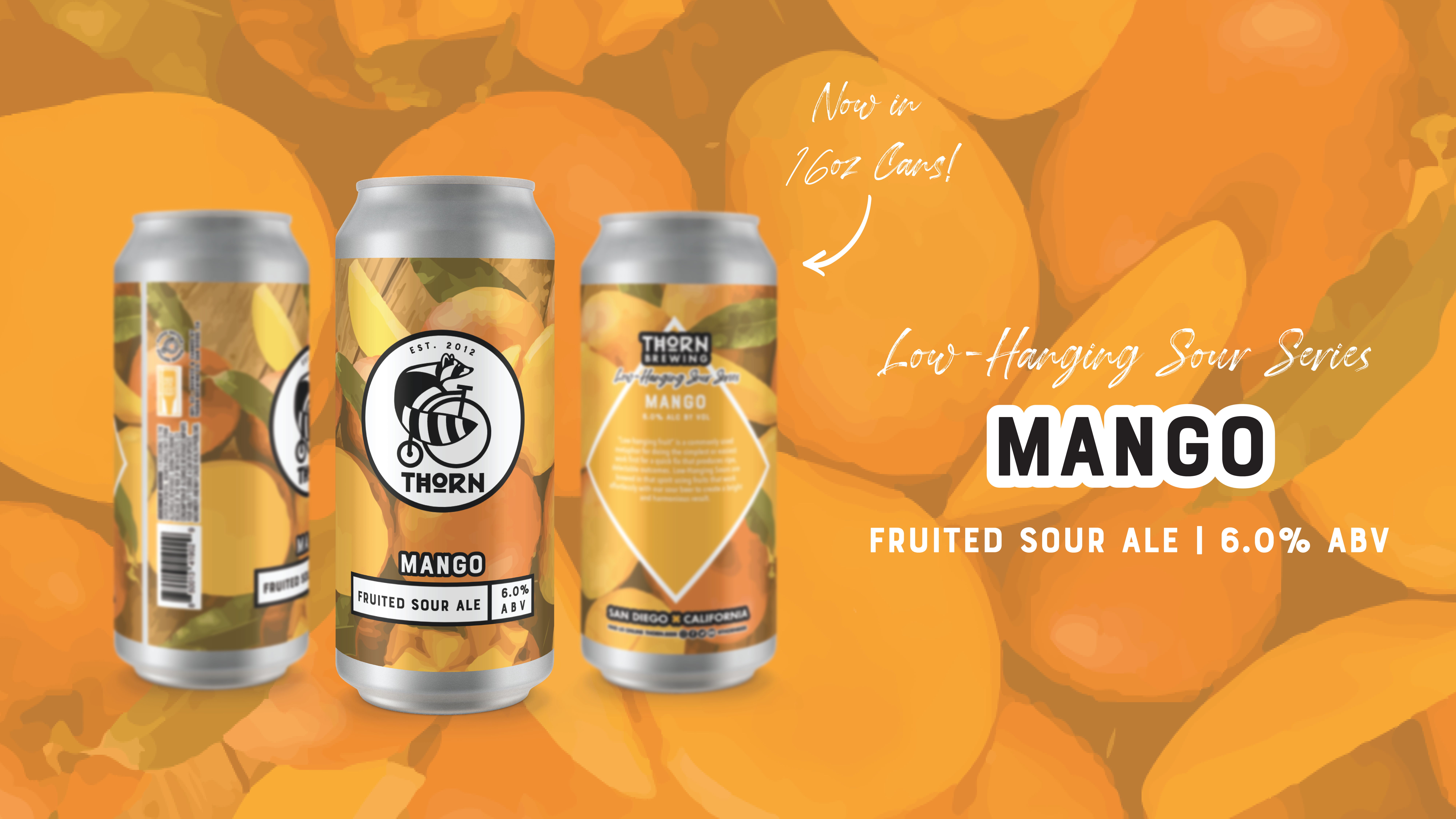 three cans of sour mango beer in orange and with pictures of mangos