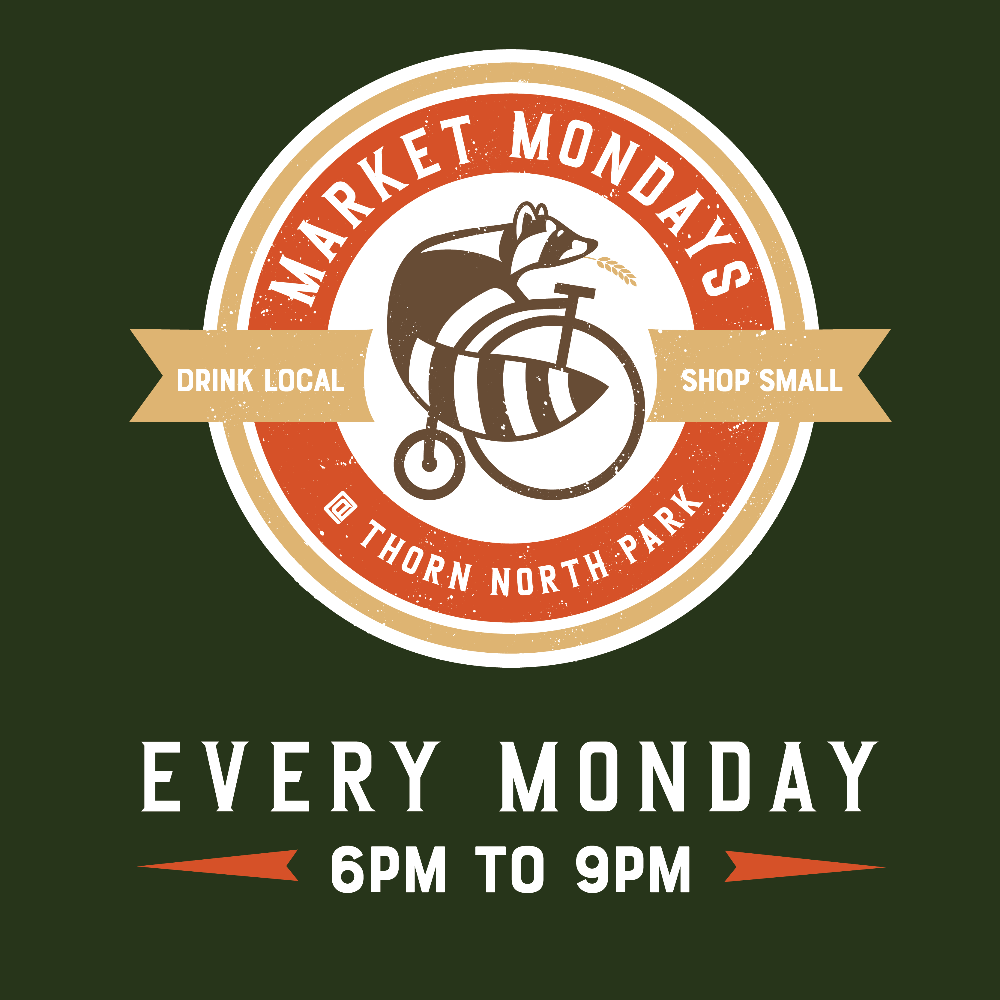 thorn logo of raccoon riding a bike on a dark green background with the words market monday