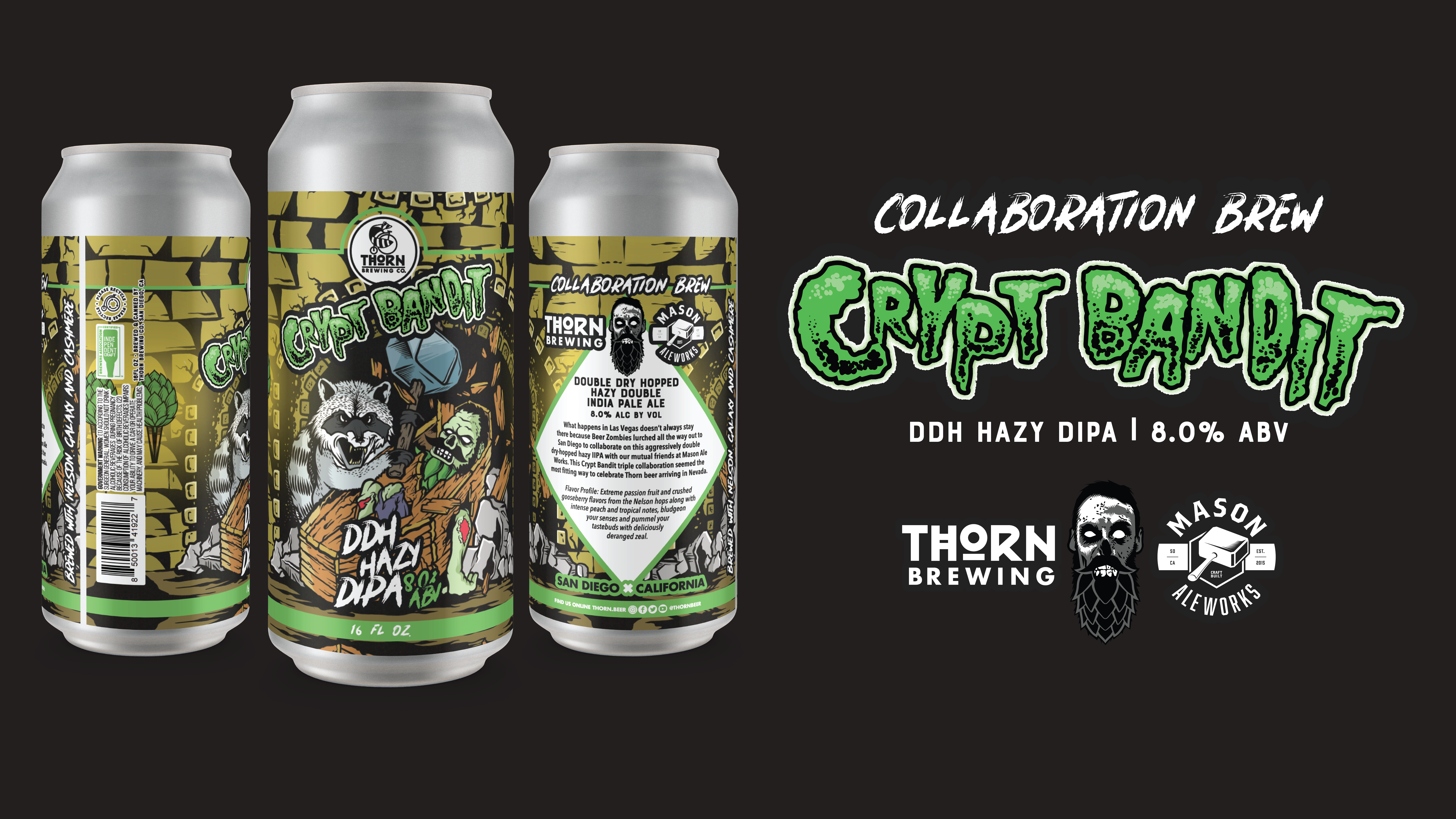graphic for new beer crypt bandit showing three cans on a black background