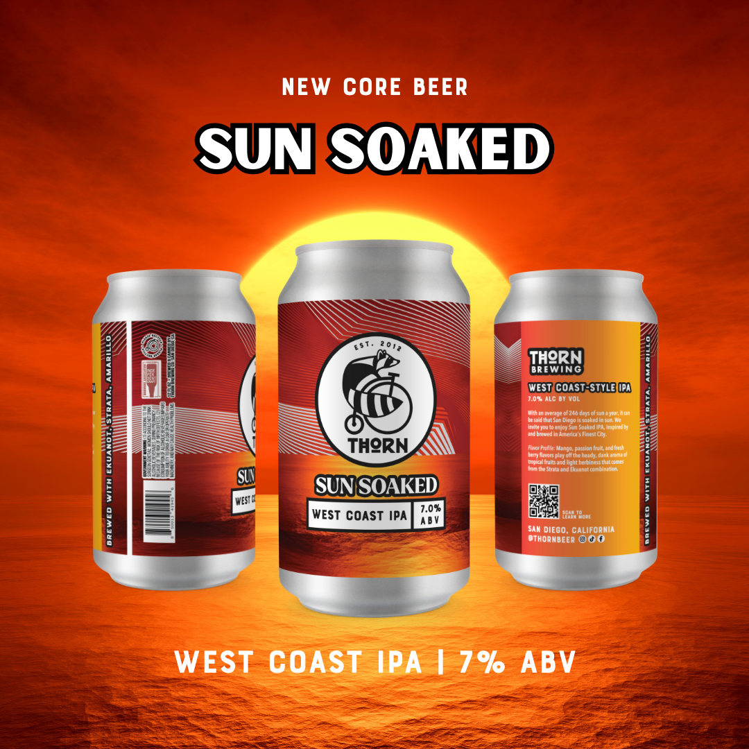 graphic for sun soaked ipa from thorn brewing with three orange cans of sun soaked beer