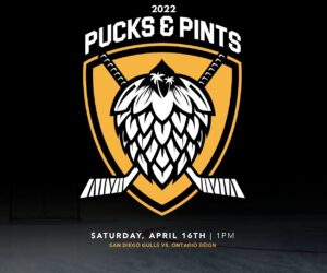 pucks & pints logo for 2022 with a hop cone and two hockey sticks