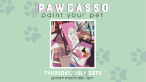 paing your pet pawcasso poster with green background and a picture of a painting in the middle