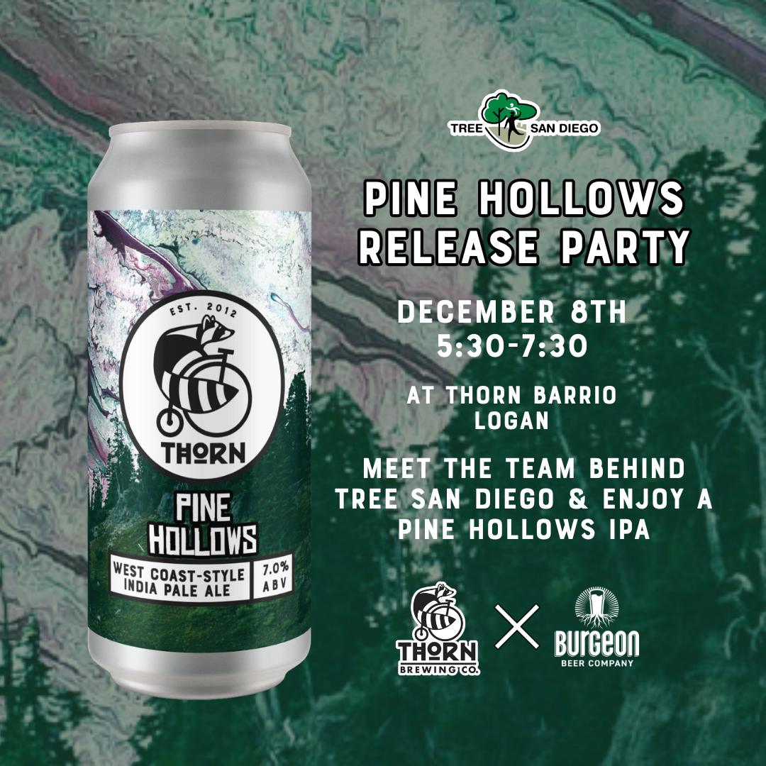 can of thorn beer pine hollows promoting an event coming up on december 8th at 5:30, with images of trees as a background