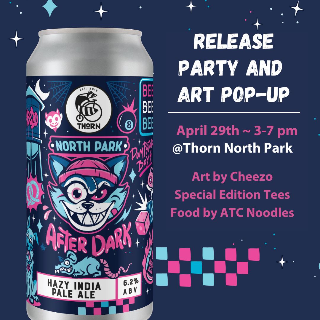 image of beer can for north park after dark from thorn brewing. Colors of pink and blues.