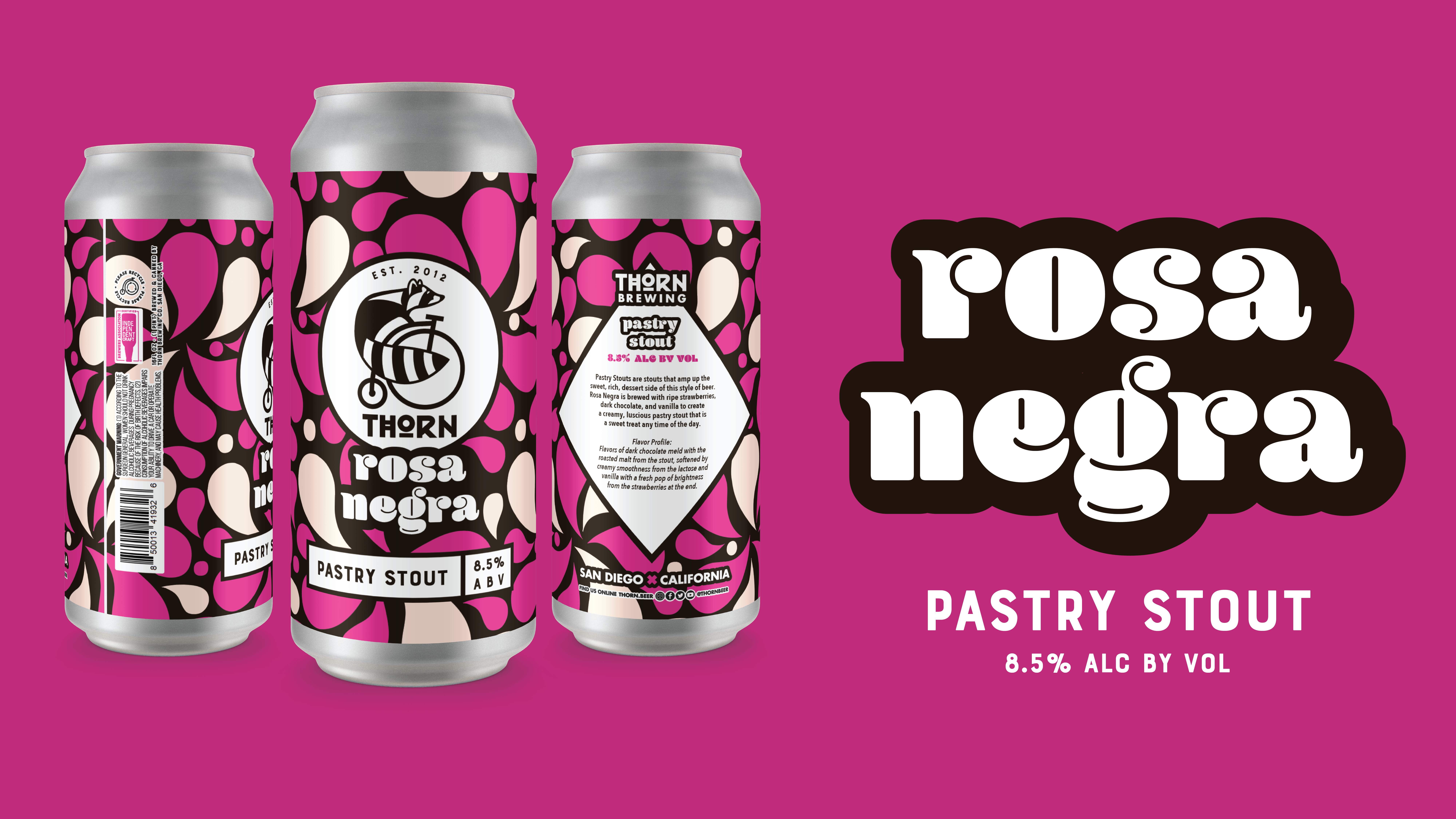 pink background with three beers cans named rosa negra