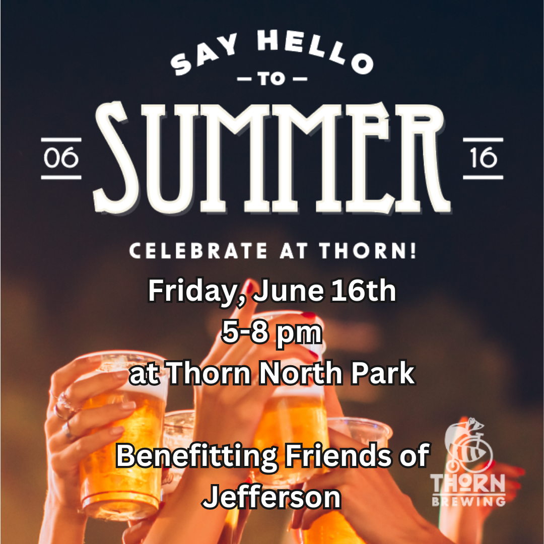 flyer for a fundraiser at thorn north park for jefferson elementary with images of hands holding beers in the air and cheersing