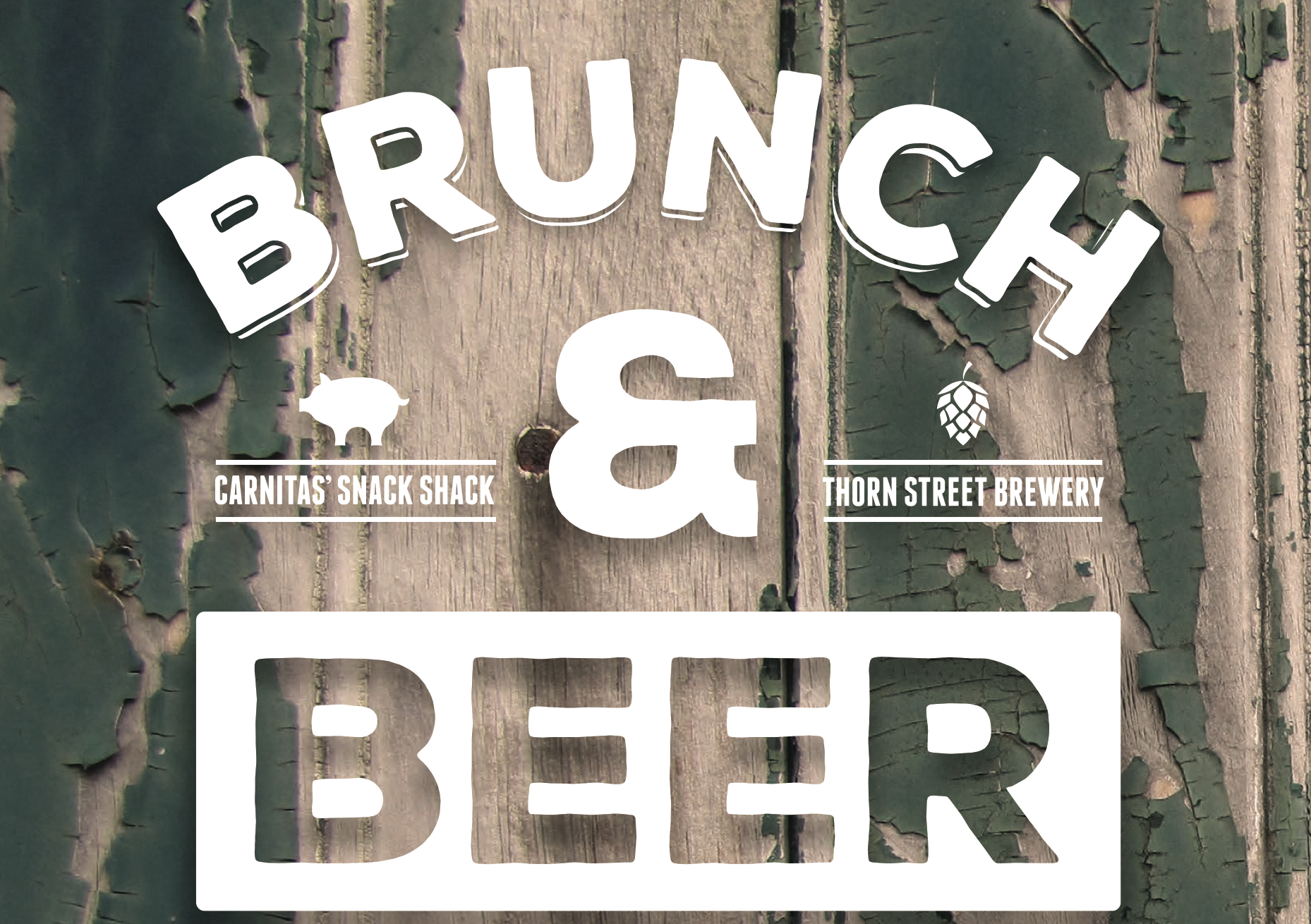 big white words on wooden back ground that says Brunch and Beer