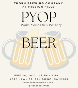 flier for paint your own pottery in thorn mission hills with two beers in the background
