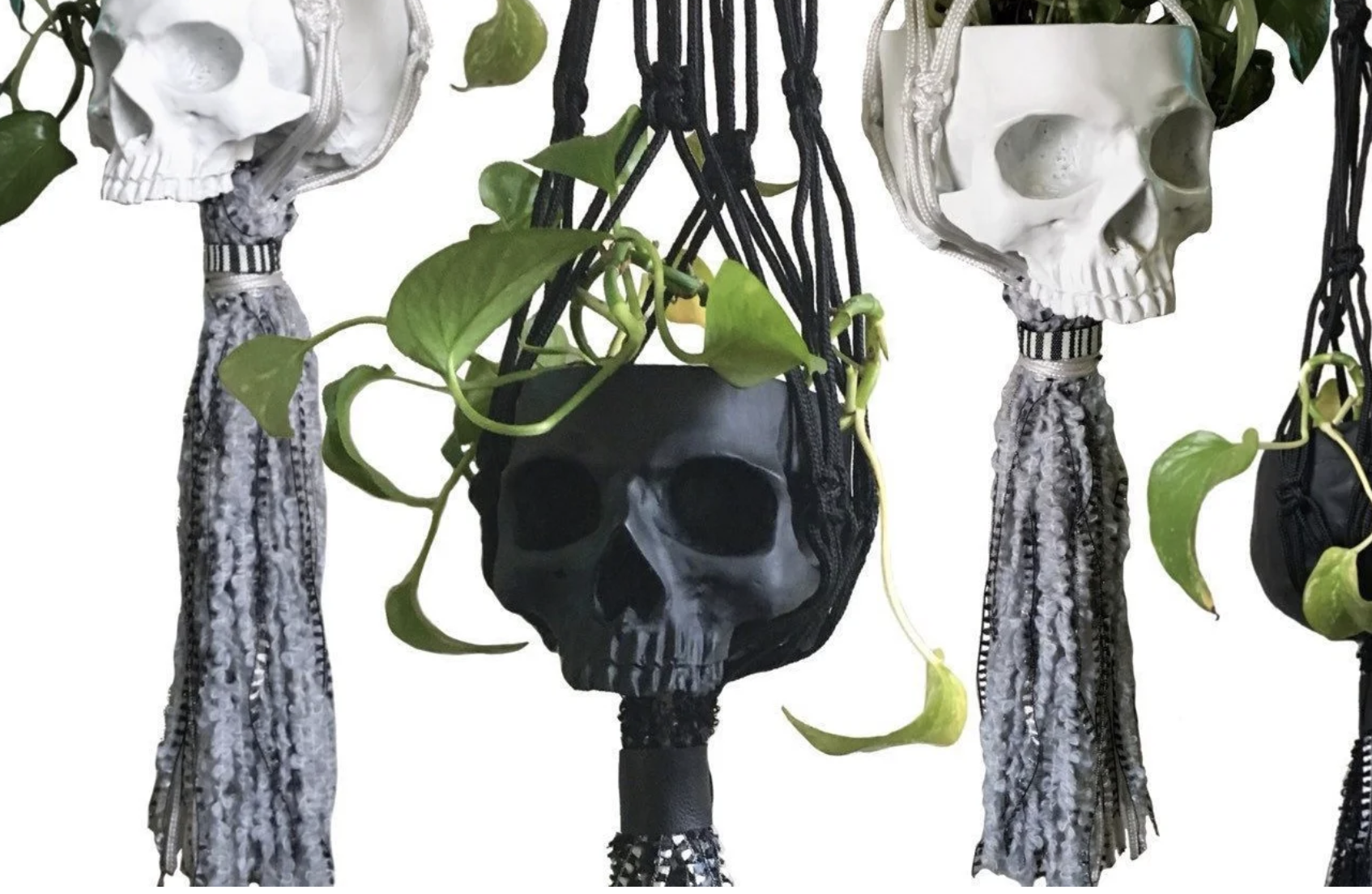 picture of black and white skull plant holders that are being held up by macrame.