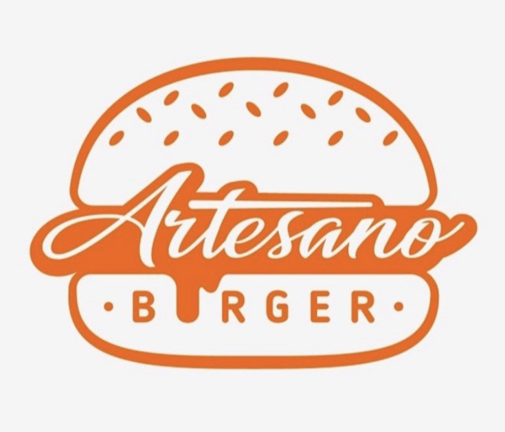 logo for Artesano Burgers in orange on white background with words over a burger
