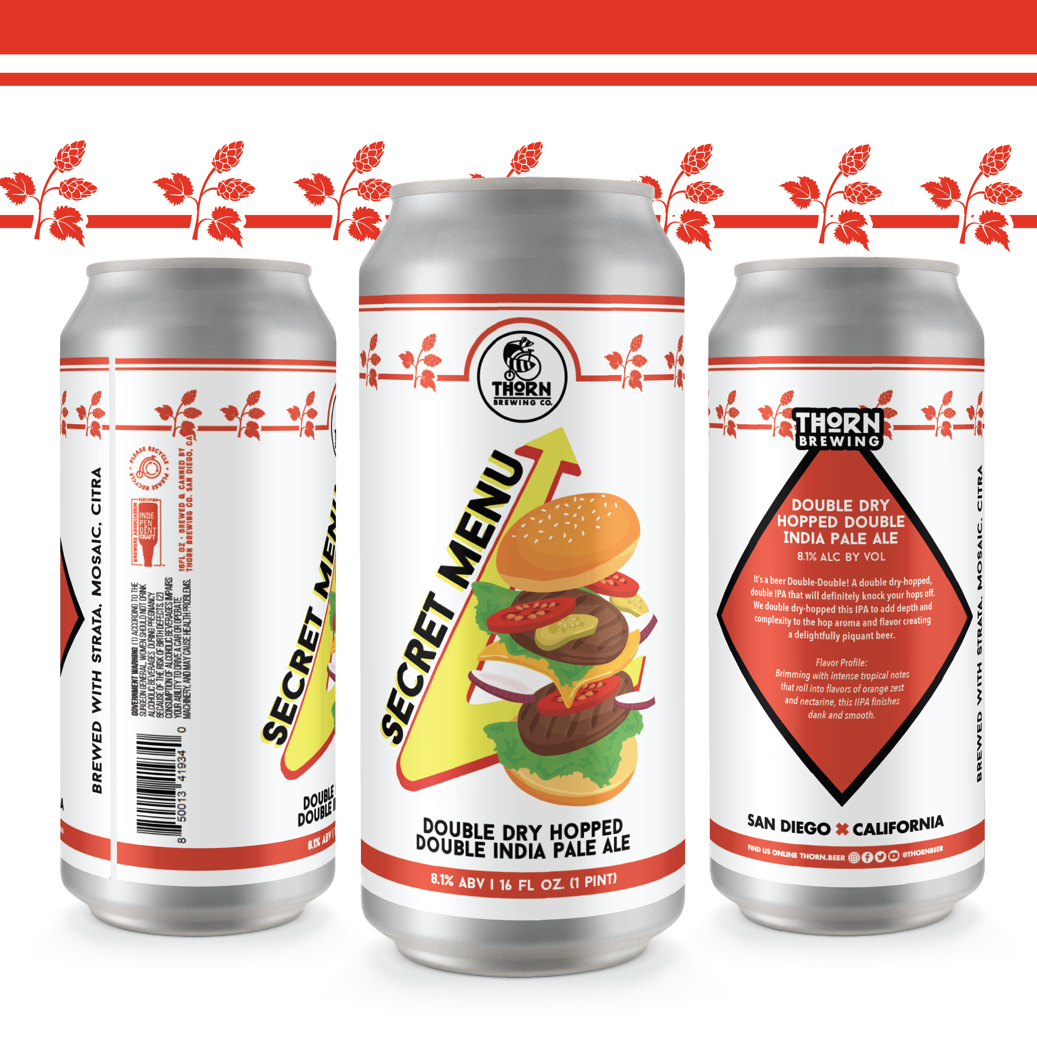 Three cans of secret menu IPA from Thorn brewing. White cans with red accents