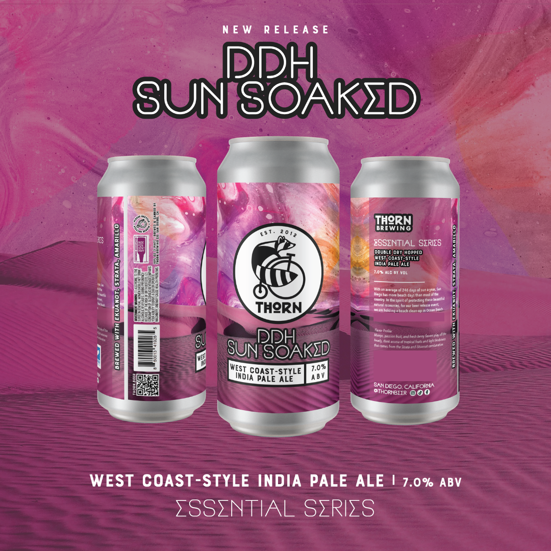 three pink cans of sun soaked ipa by thorn brewing on a pink background