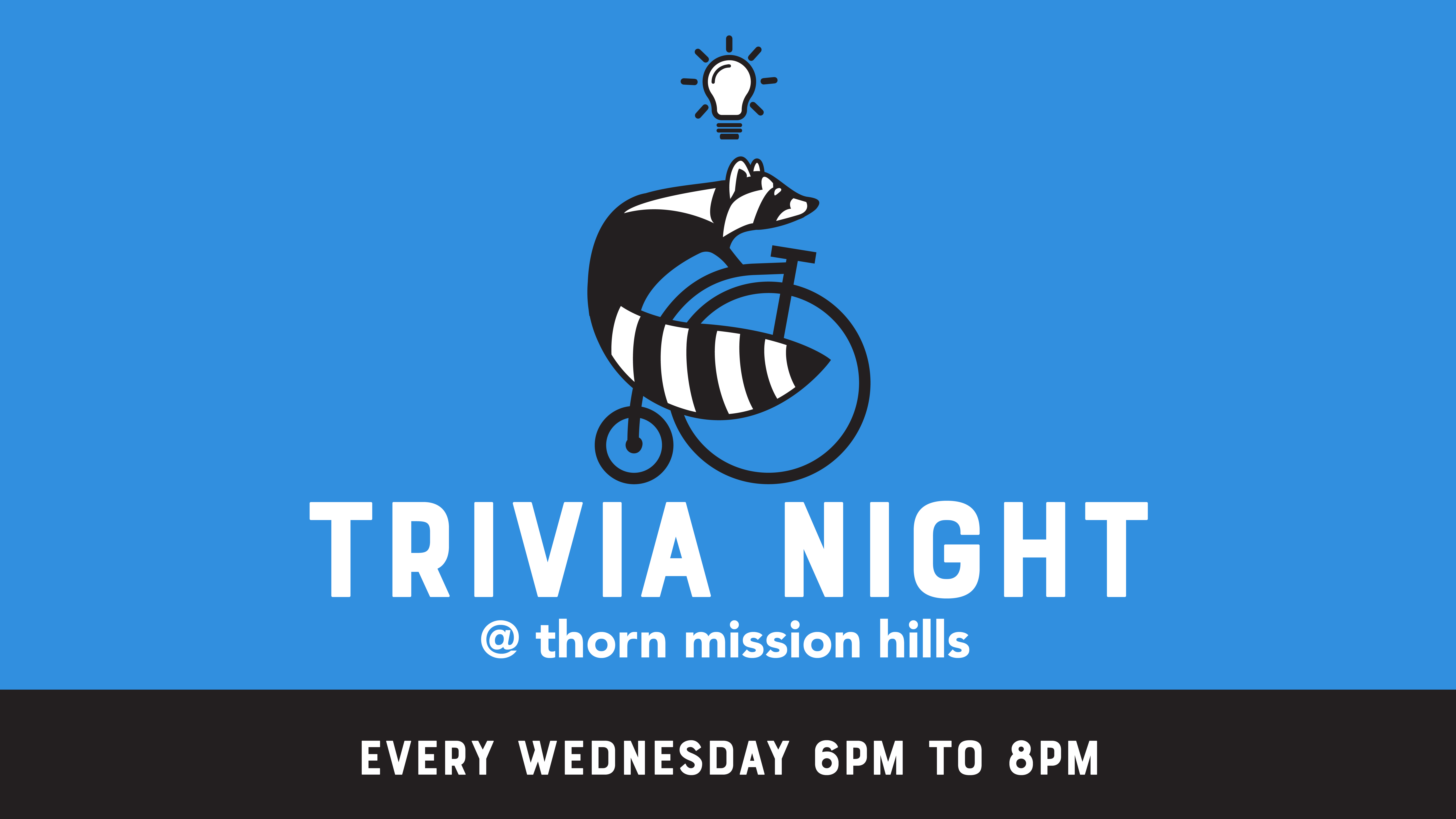 trivia night graphic in blue with a raccoon on a bike in the middle