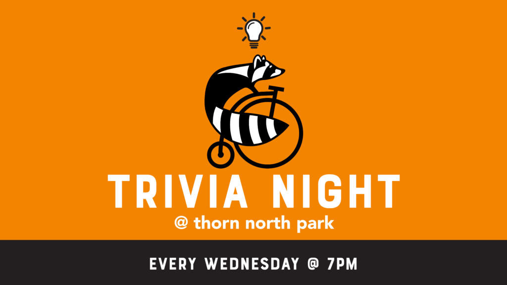 orange graphic with raccoon on a bike which is thorn's logo