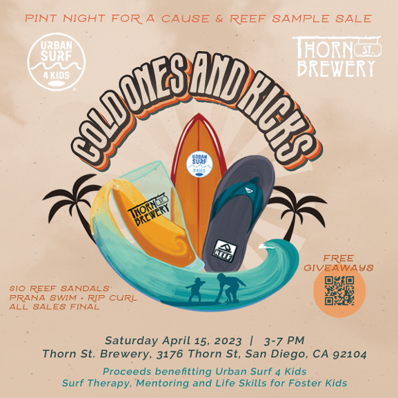 tan graphic for fundraising event at Thorn with beer and surf board and flip flop in the middle