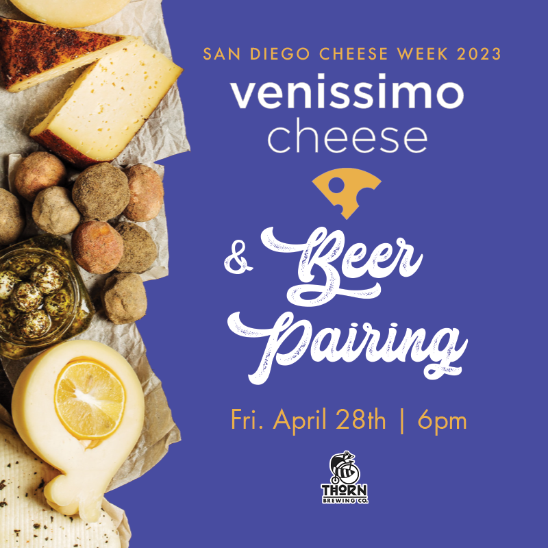 graphic for venissimo cheese and thorn beer pairing. purple background with images of cheese