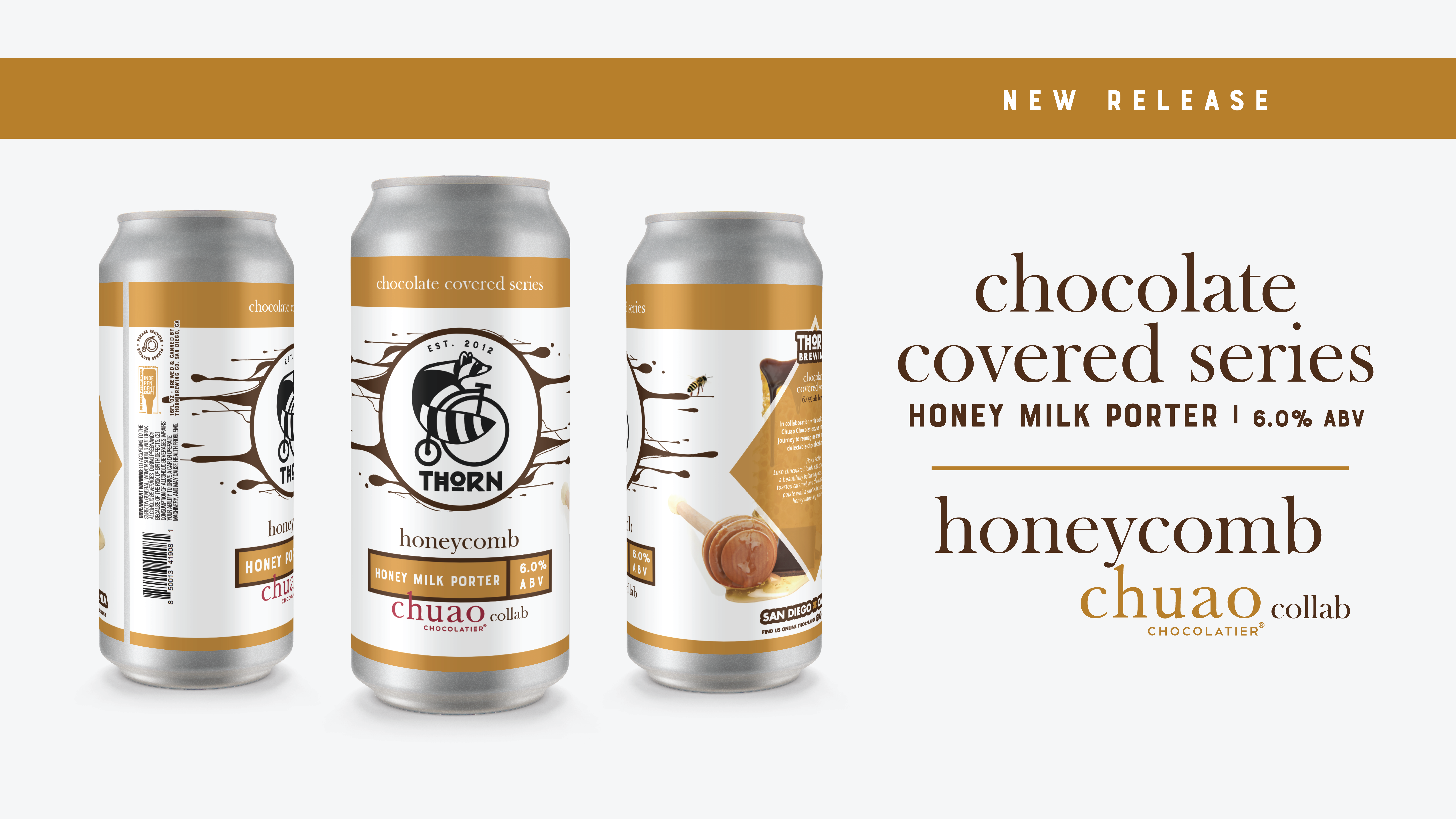 three cans of honeycomb milk porter on a white background
