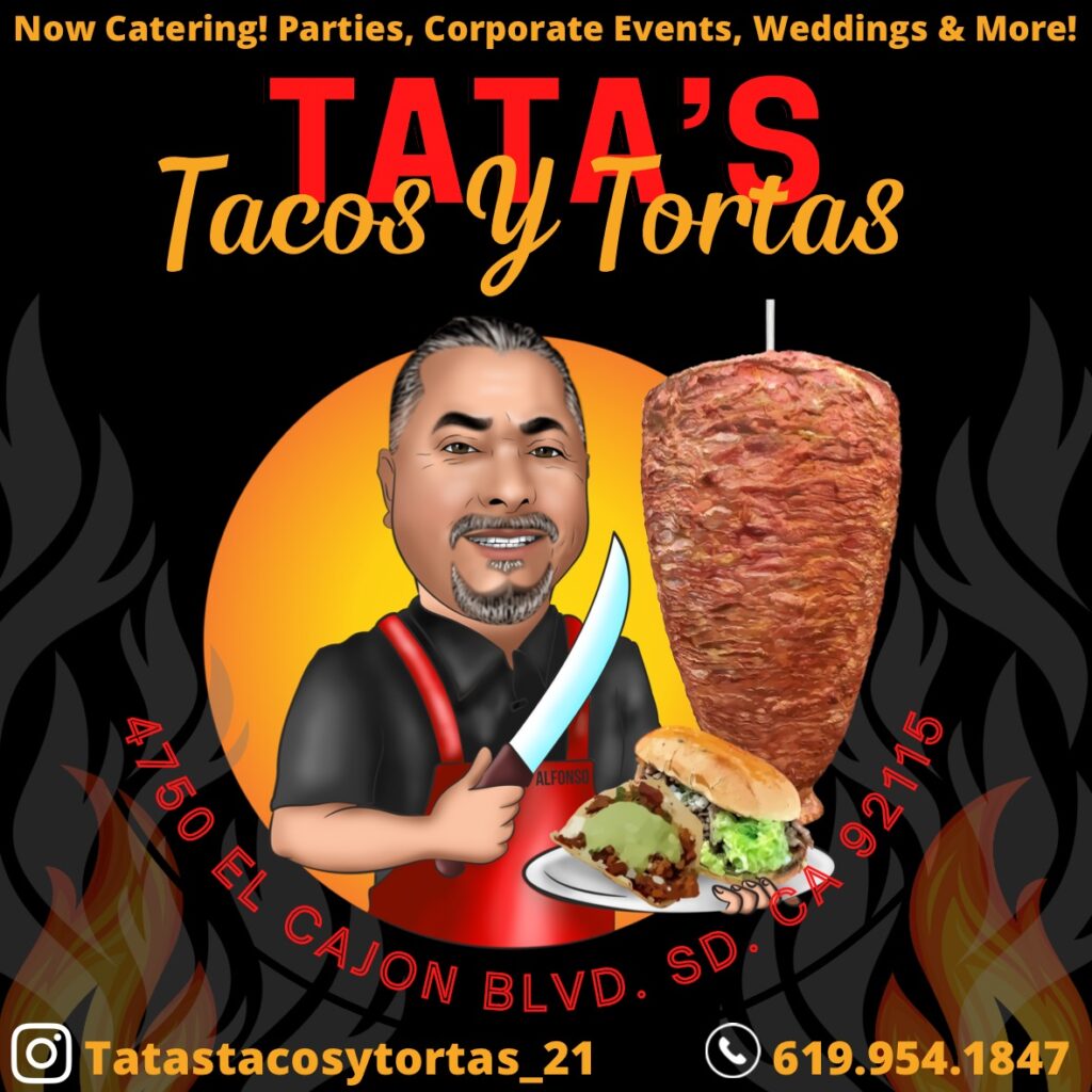 Graphic of a man cutting meat off of a spit to promote Tata's Tacos Y Tortas at Thorn North Park