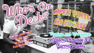 who's on deck graphic with fun lettering and a turntable in the background